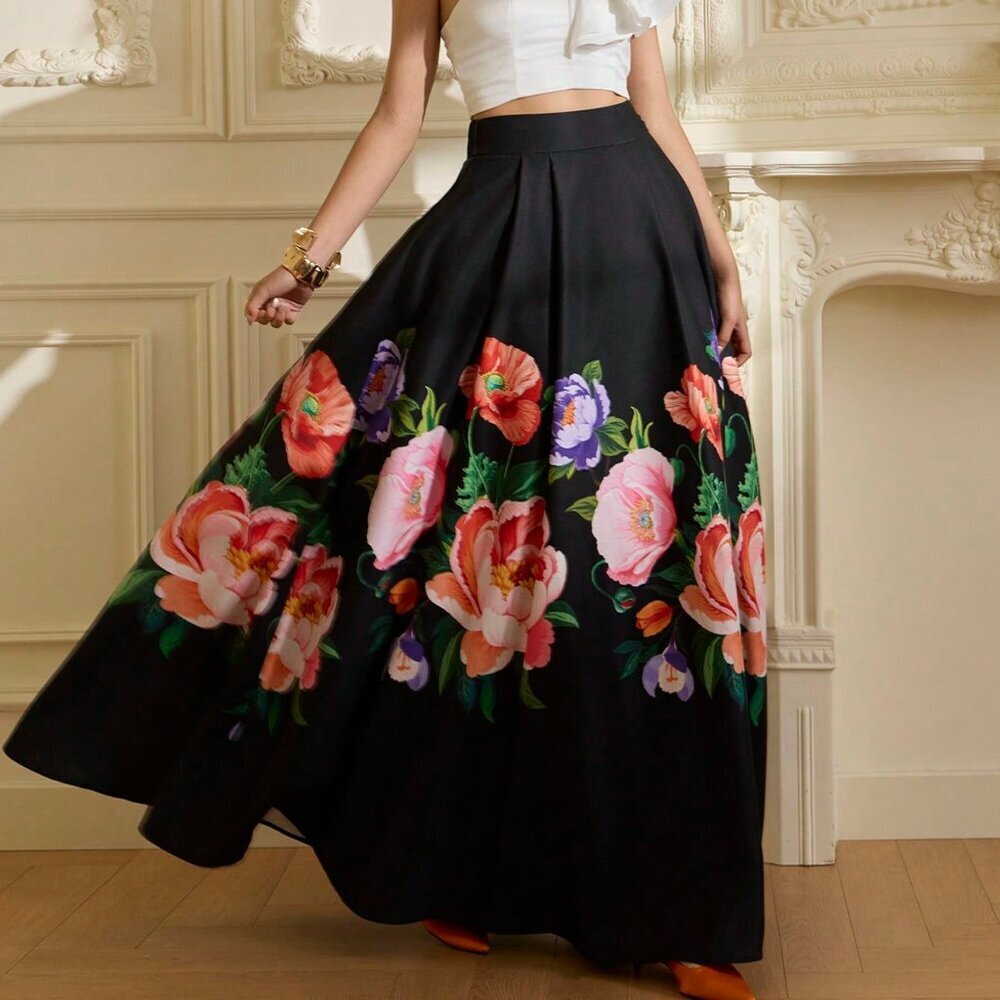 Black Elegant Women's Waist-Accented Patchwork A-Line Satin Skirt